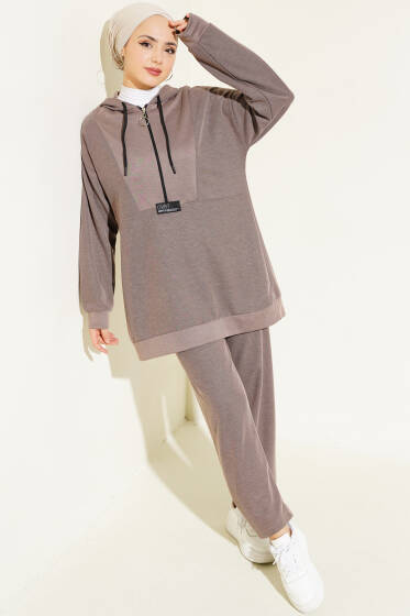 Armalı Fermuarlı Kapüşonlu İkili Takım Vizon - İkili Takım