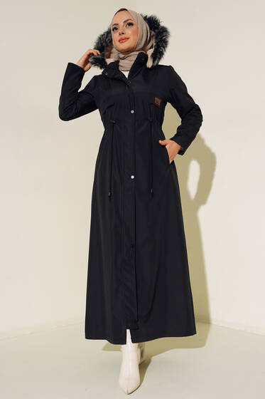 Armalı İçi Kürklü Uzun Mont Siyah - Mont