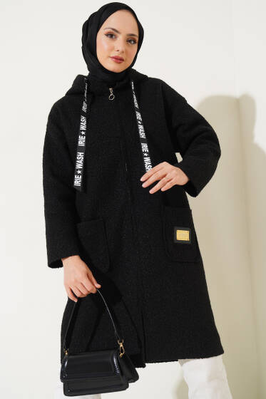Armalı Kapüşonlu Buklet Kaban Siyah - Kaban