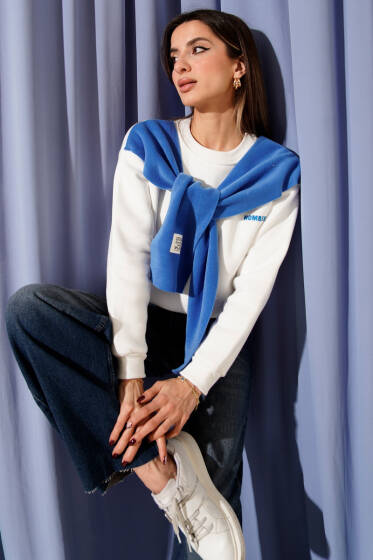 Armalı Polar Atkılı Üç İplik Sweatshirt Saks - Kadın Giyim Modelleri