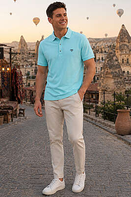Armalı Polo Yaka Çıtçıtlı Erkek T-shirt Aqua 