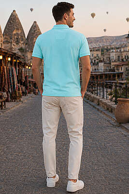 Armalı Polo Yaka Çıtçıtlı Erkek T-shirt Aqua - Erkek T-shirt