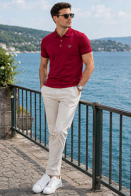 Armalı Polo Yaka Çıtçıtlı Erkek T-shirt Bordo - Erkek T-shirt