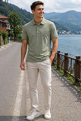 Armalı Polo Yaka Çıtçıtlı Erkek T-shirt Haki - Erkek T-shirt