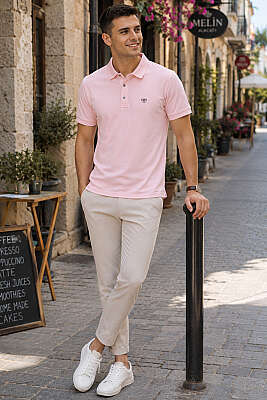 Armalı Polo Yaka Çıtçıtlı Erkek T-shirt Pembe - Erkek T-shirt