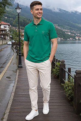 Armalı Polo Yaka Çıtçıtlı Erkek T-shirt Yeşil - Erkek T-shirt