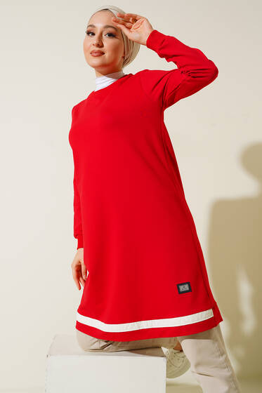 Armalı Şerit Detaylı Uzun Tunik Kırmızı - Tunik