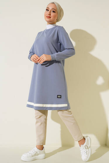 Armalı Şerit Detaylı Uzun Tunik Mavi - Tunik