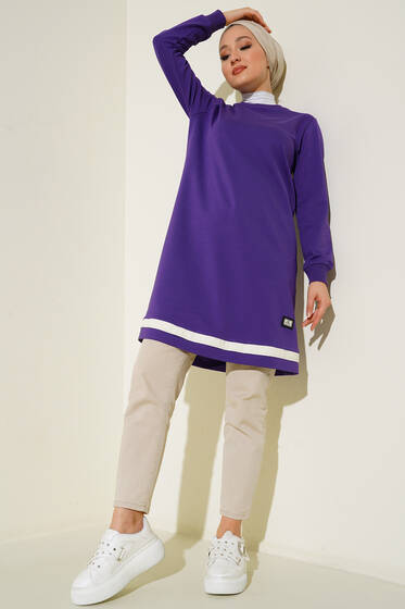 Armalı Şerit Detaylı Uzun Tunik Mor - Tunik