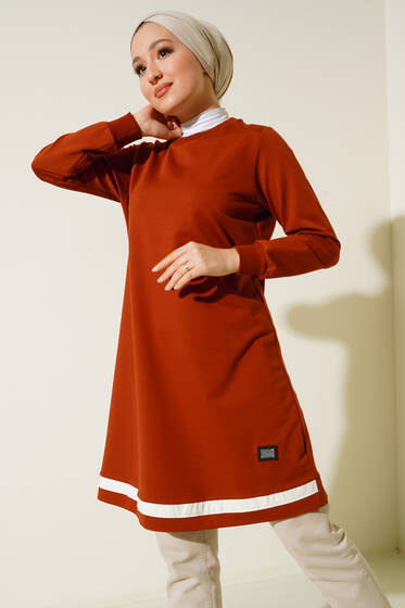 Armalı Şerit Detaylı Uzun Tunik Taba - Tunik