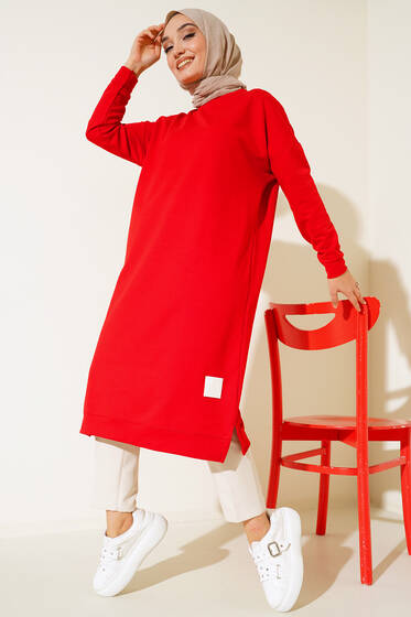 Armalı Uzun Basic Tunik Kırmızı - Tunik