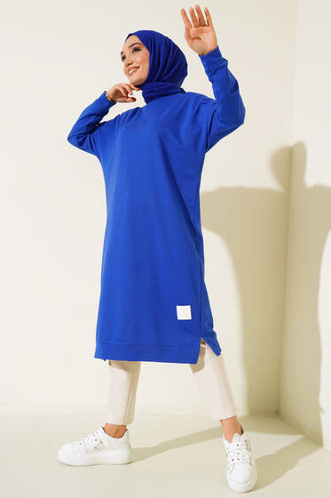 Armalı Uzun Basic Tunik Saks - Tunik