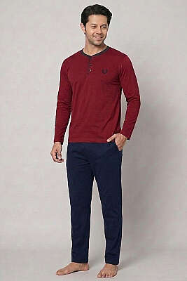 Armalı Uzun Kol Erkek Pijama Takım Bordo 