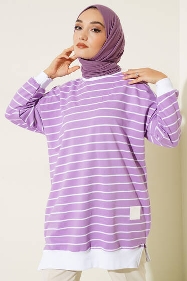 Armalı Yatay Çizgili Tunik Lila - Tunik