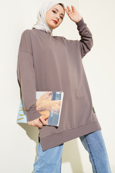 Armalı Yırtmaç Detaylı Tunik Füme - Tunik