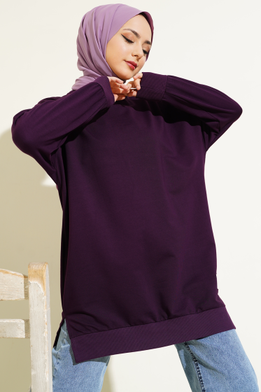 Armalı Yırtmaç Detaylı Tunik Mor - Tunik