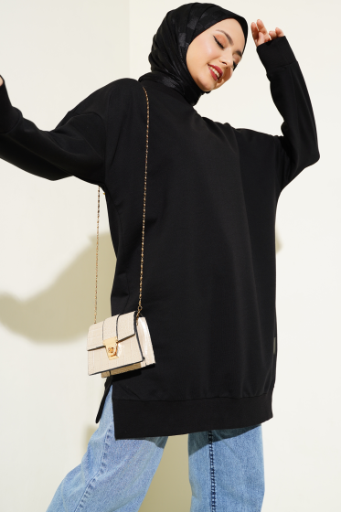 Armalı Yırtmaç Detaylı Tunik Siyah - Tunik