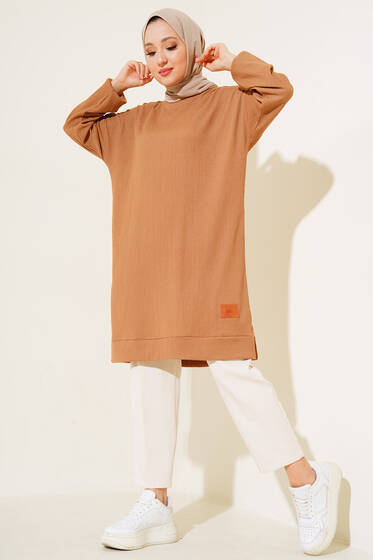 Armalı Yırtmaçlı Uzun Tunik Camel - Tunik