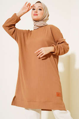 Armalı Yırtmaçlı Uzun Tunik Camel - Tunik