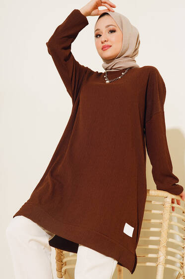 Armalı Yırtmaçlı Uzun Tunik Kahve - Tunik