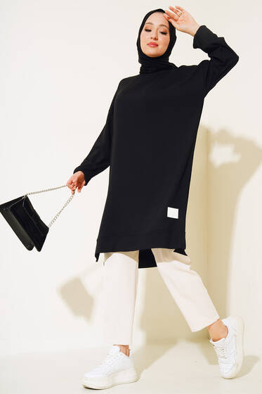 Armalı Yırtmaçlı Uzun Tunik Siyah - Tunik