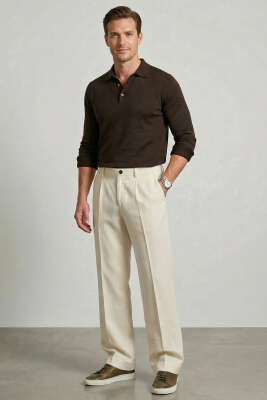 Armürlü Erkek Keten Pantolon Bej - Erkek Pantolon