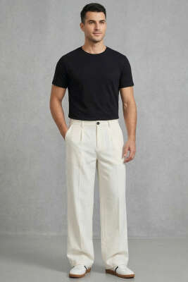 Armürlü Erkek Keten Pantolon Beyaz - Erkek Pantolon