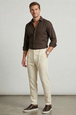 Armürlü Jogger Erkek Keten Pantolon Bej - Erkek Pantolon