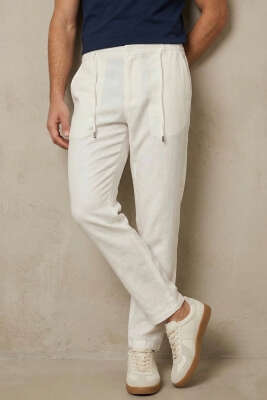 Armürlü Jogger Erkek Keten Pantolon Beyaz - GİESTO