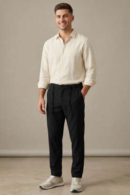 Armürlü Jogger Erkek Keten Pantolon Siyah - Erkek Pantolon