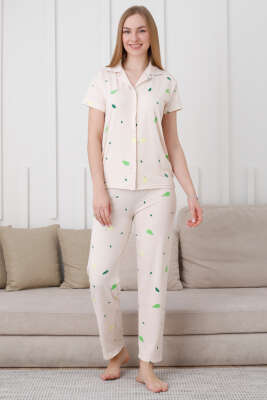 Armut Desen Düğmeli Kısa Kol Pijama Takım Bej - Kadın Pijama Takımı