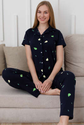 Armut Desen Düğmeli Kısa Kol Pijama Takım Lacivert