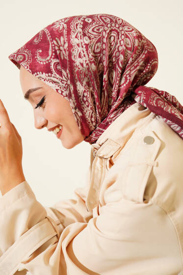 Arya Otantik Desenli Eşarp Bordo - Başörtüsü