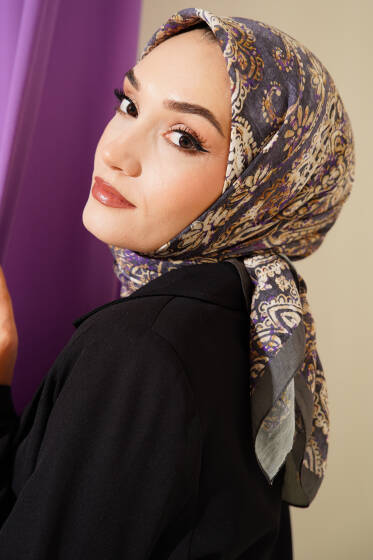 Arya Otantik Desenli Eşarp Füme - Başörtüsü