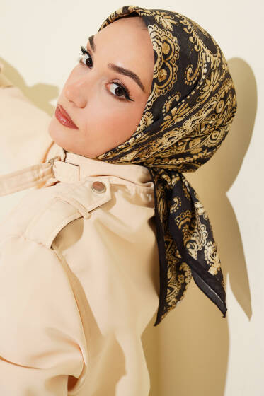 Arya Otantik Desenli Eşarp Siyah - Başörtüsü