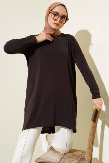 Asimetrik Arka Yırtmaçlı Tunik Acı Kahve - Tunik