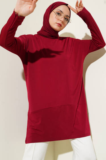 Asimetrik Arka Yırtmaçlı Tunik Bordo - Tunik