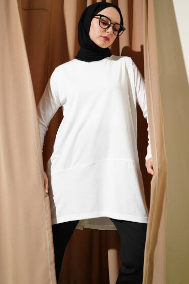 Asimetrik Arka Yırtmaçlı Tunik Ekru - Tunik