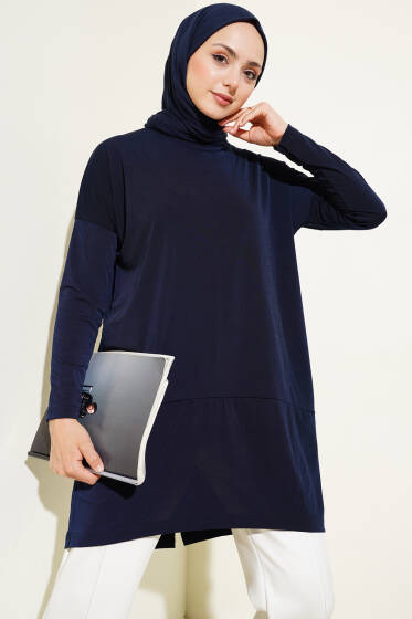 Asimetrik Arka Yırtmaçlı Tunik Lacivert - Tunik