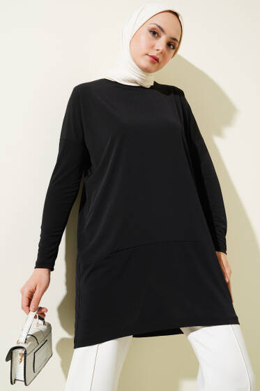 Asimetrik Arka Yırtmaçlı Tunik Siyah - Tunik