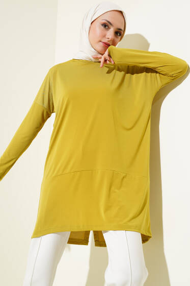 Asimetrik Arka Yırtmaçlı Tunik Yağ Yeşili - Tunik