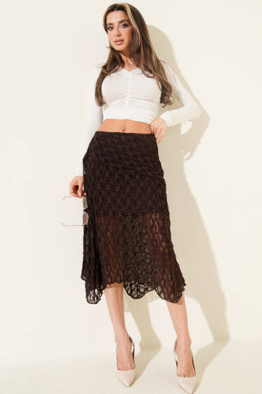 Asimetrik Büzgülü Midi Etek Kahve - Kadın Giyim Modelleri