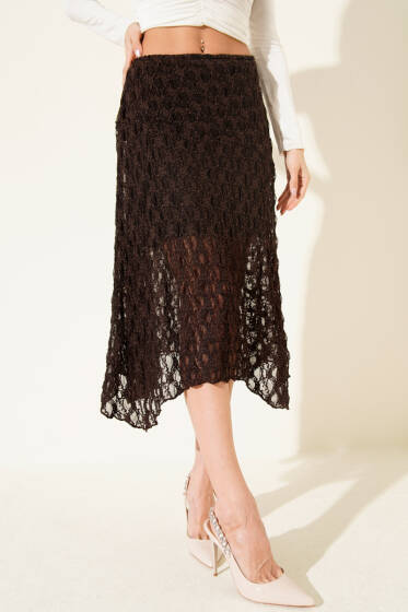 Asimetrik Büzgülü Midi Etek Kahve - Kadın Giyim Modelleri