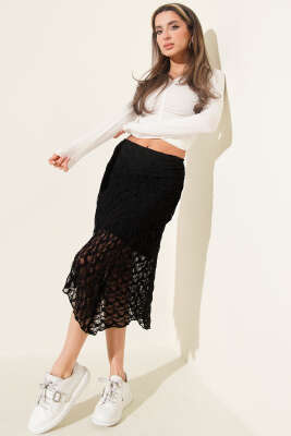 Asimetrik Büzgülü Midi Etek Siyah - CALİENTE