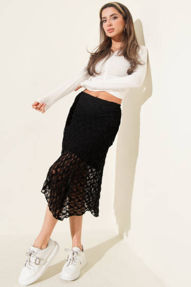 Asimetrik Büzgülü Midi Etek Siyah - Kadın Giyim Modelleri