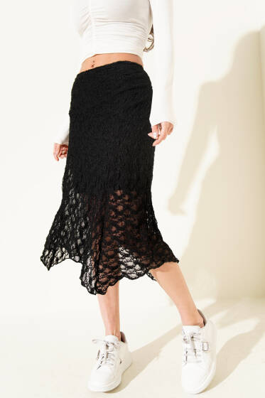 Asimetrik Büzgülü Midi Etek Siyah - Kadın Giyim Modelleri