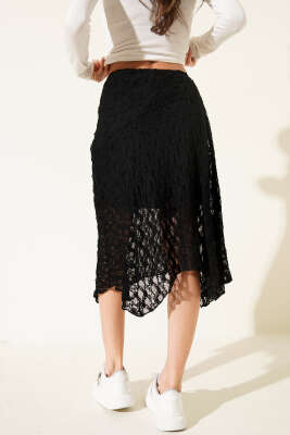 Asimetrik Büzgülü Midi Etek Siyah - Kadın Giyim Modelleri