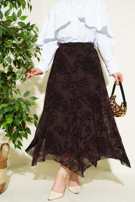 Asimetrik Çiçek Tüllü Etek Kahve - HATUN