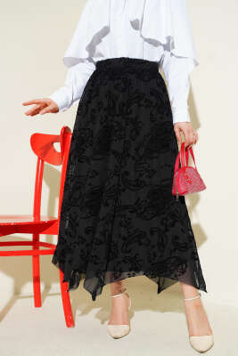 Asimetrik Çiçek Tüllü Etek Siyah - HATUN