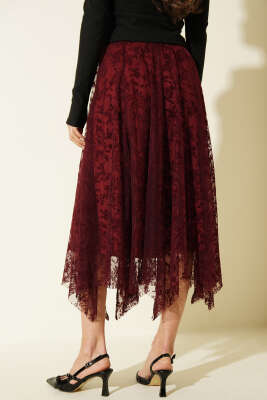 Asimetrik Çiçekli Tül Midi Etek Bordo - Kadın Giyim Modelleri